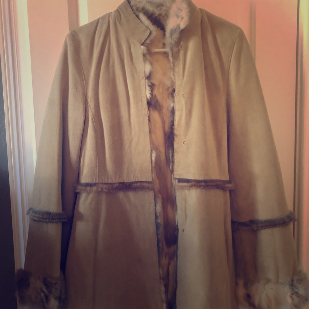 Bebe one of a kind suede and fur reversible coat